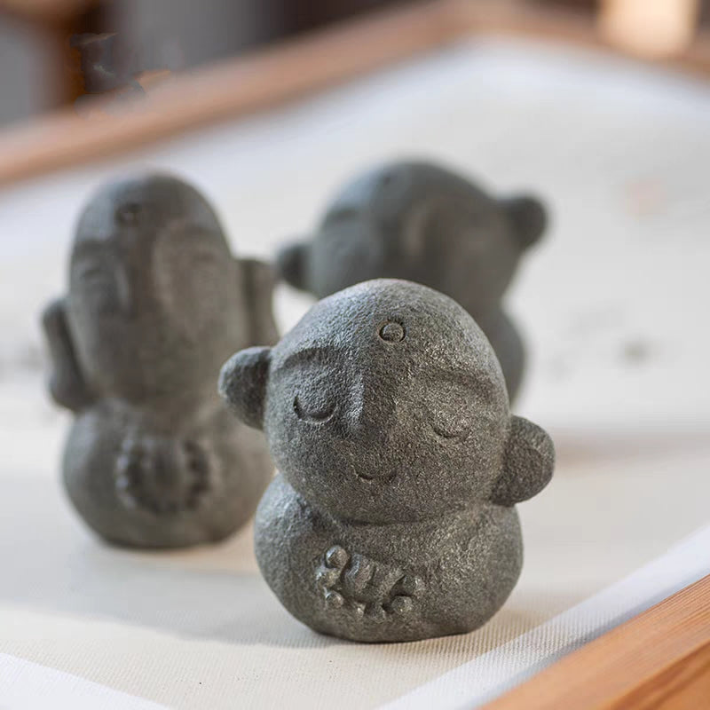 Adorable Little Smiling Buddhist Monks Natural Stone Statuette